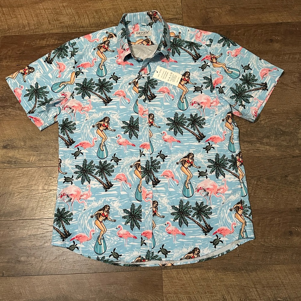 Grtxin Men’s Light Blue Tropical Surf & Flamingo Short-Sleeve Shirt